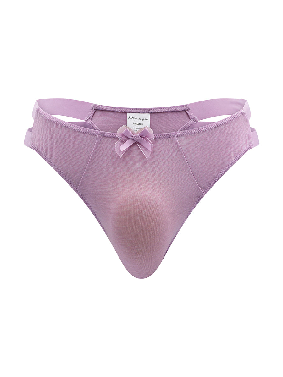 Front view of purple XDress thong panties on a white background.