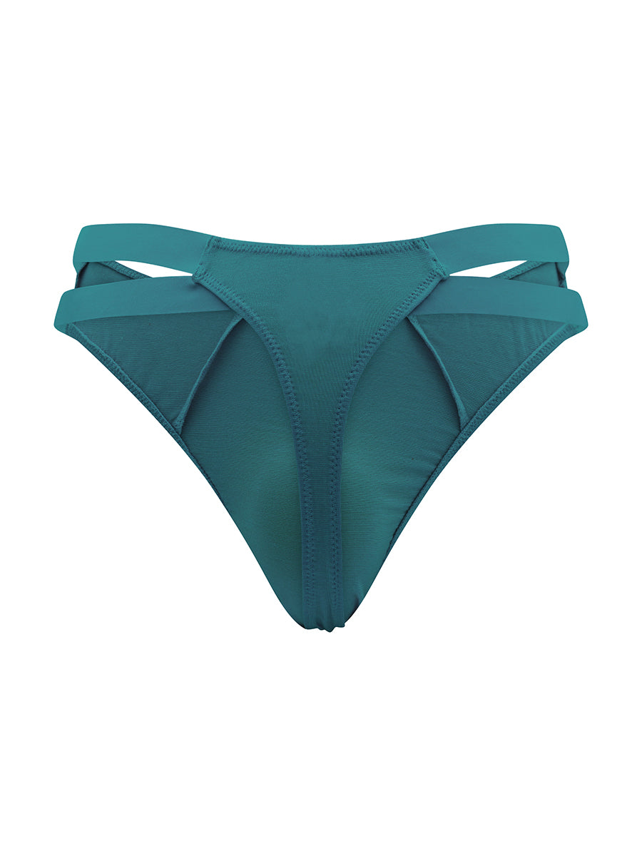 Rear view of a teal XDress thong on a white background