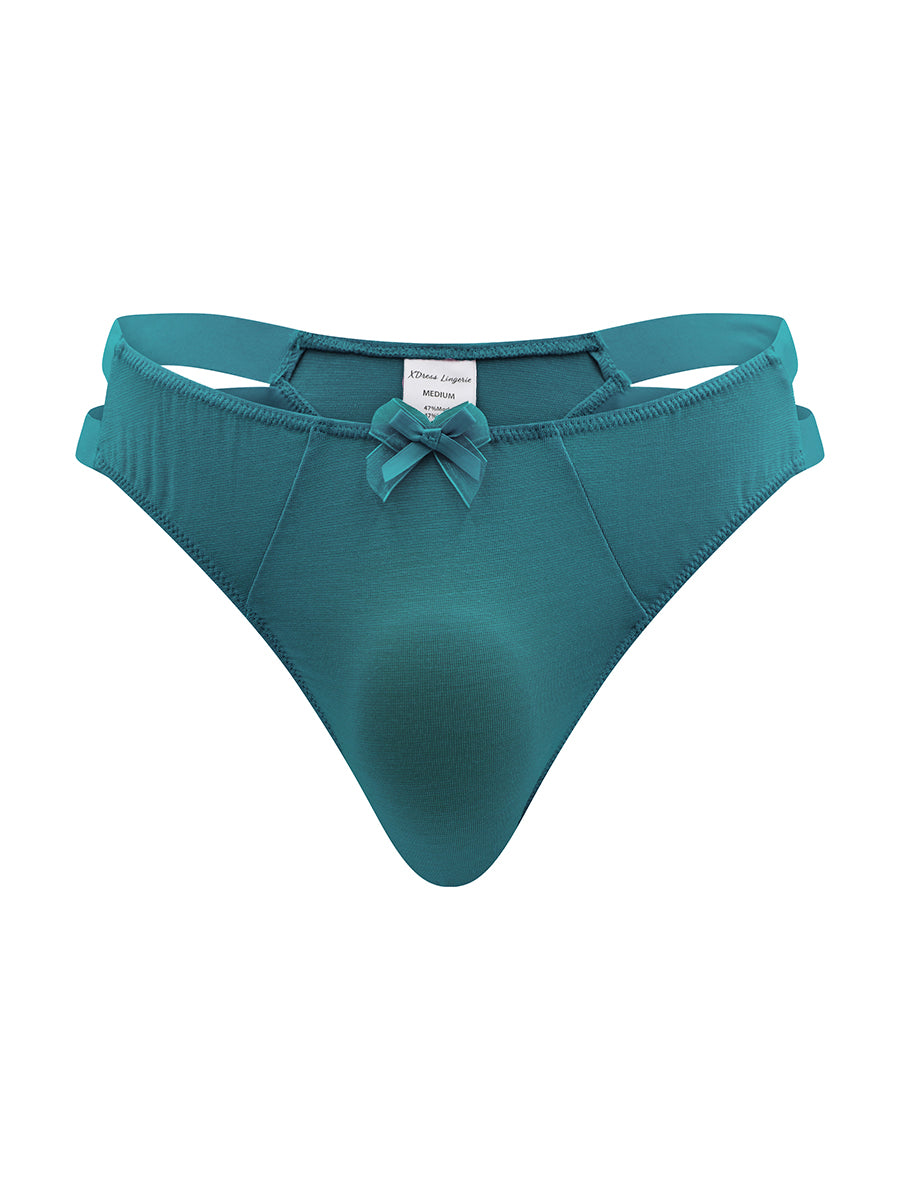 Front view of a teal XDress thong on a white background