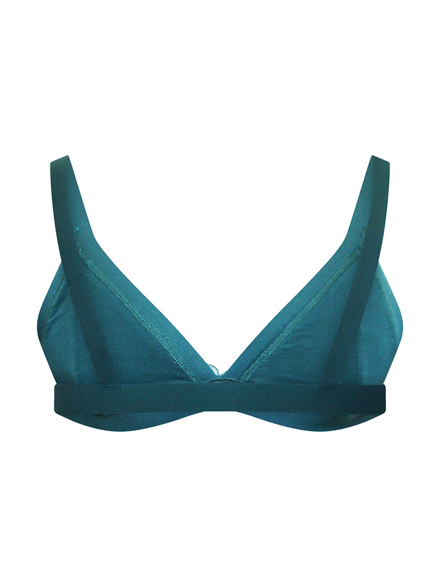 Back view of a teal bra on a plain white background.