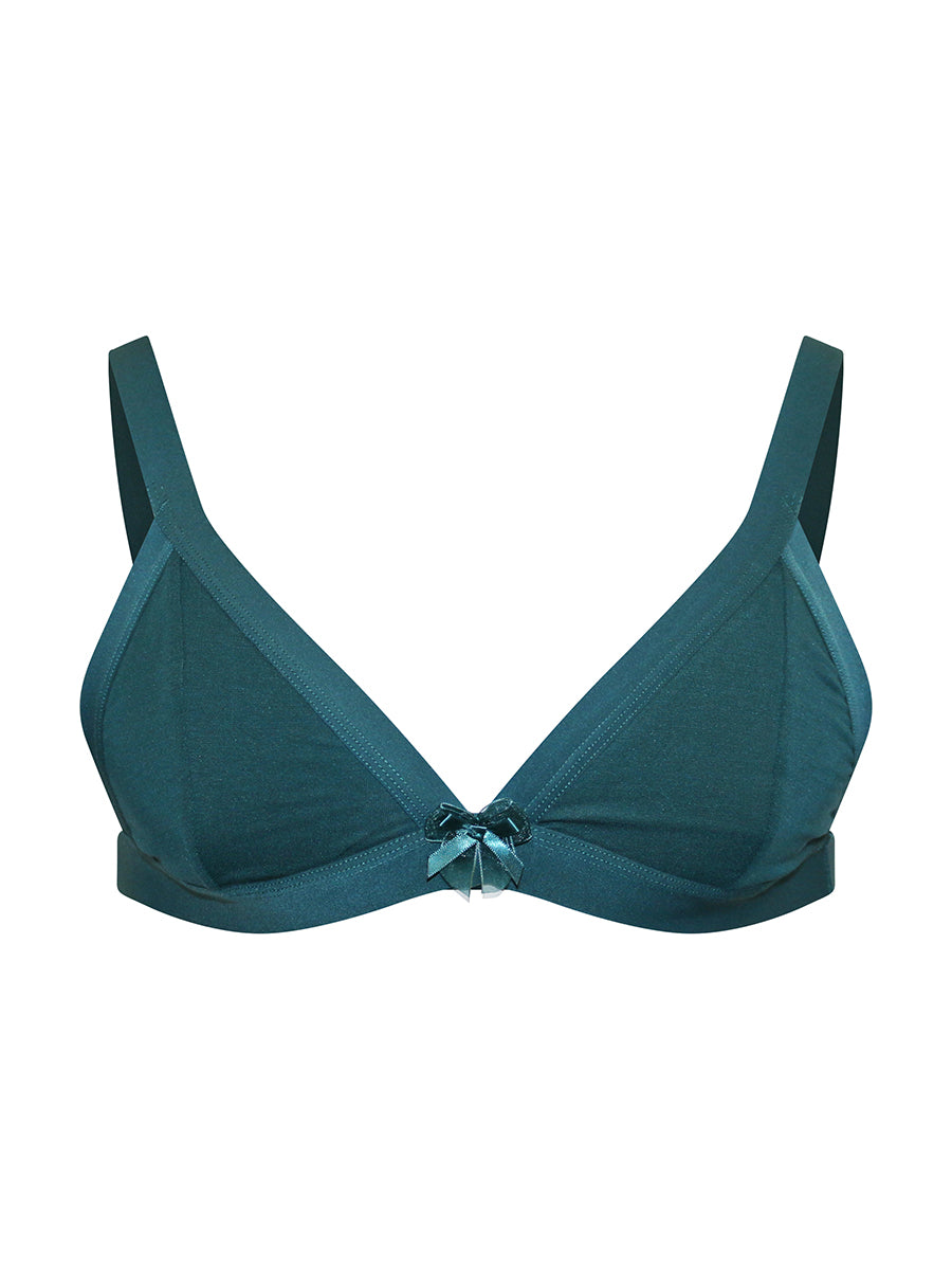 Front view of a teal bra on a plain white background.