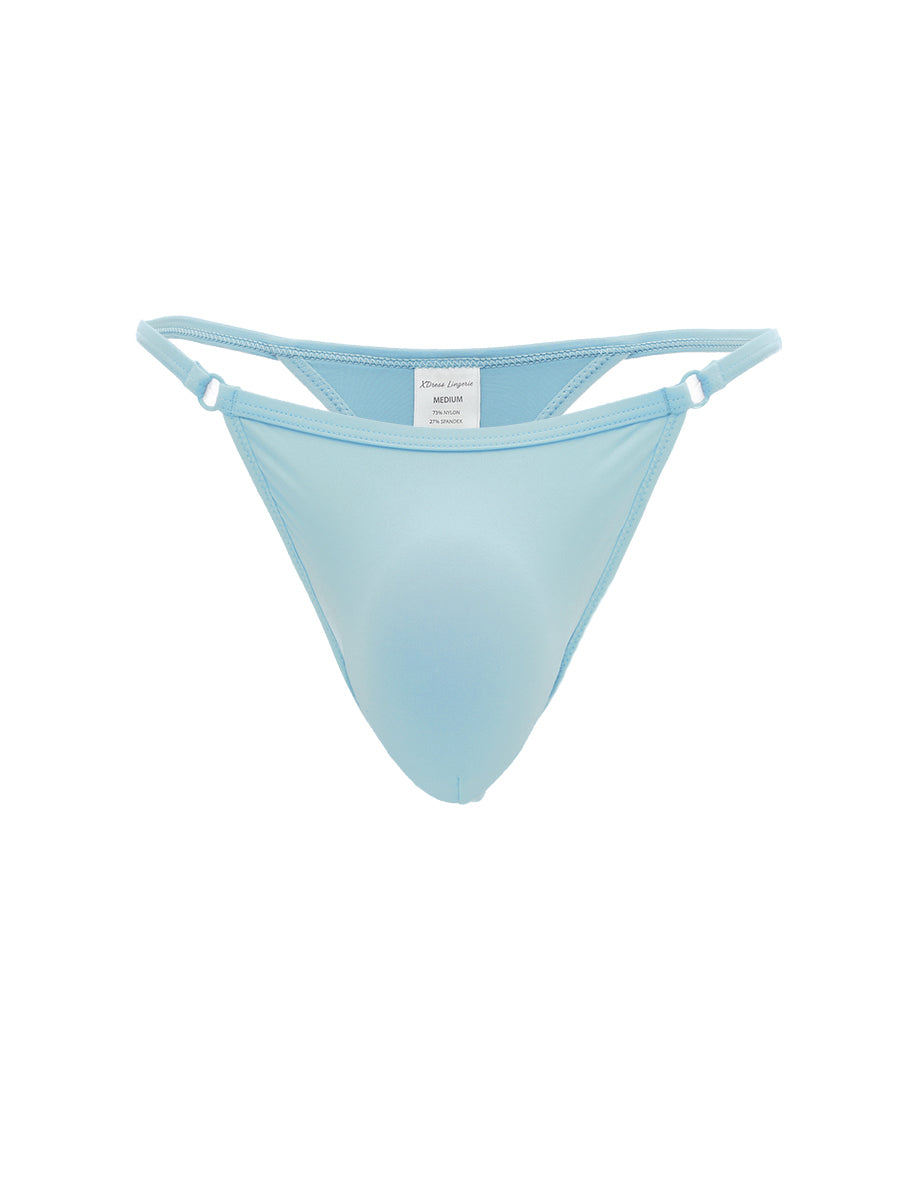 A light blue men's thong panty on a white background.