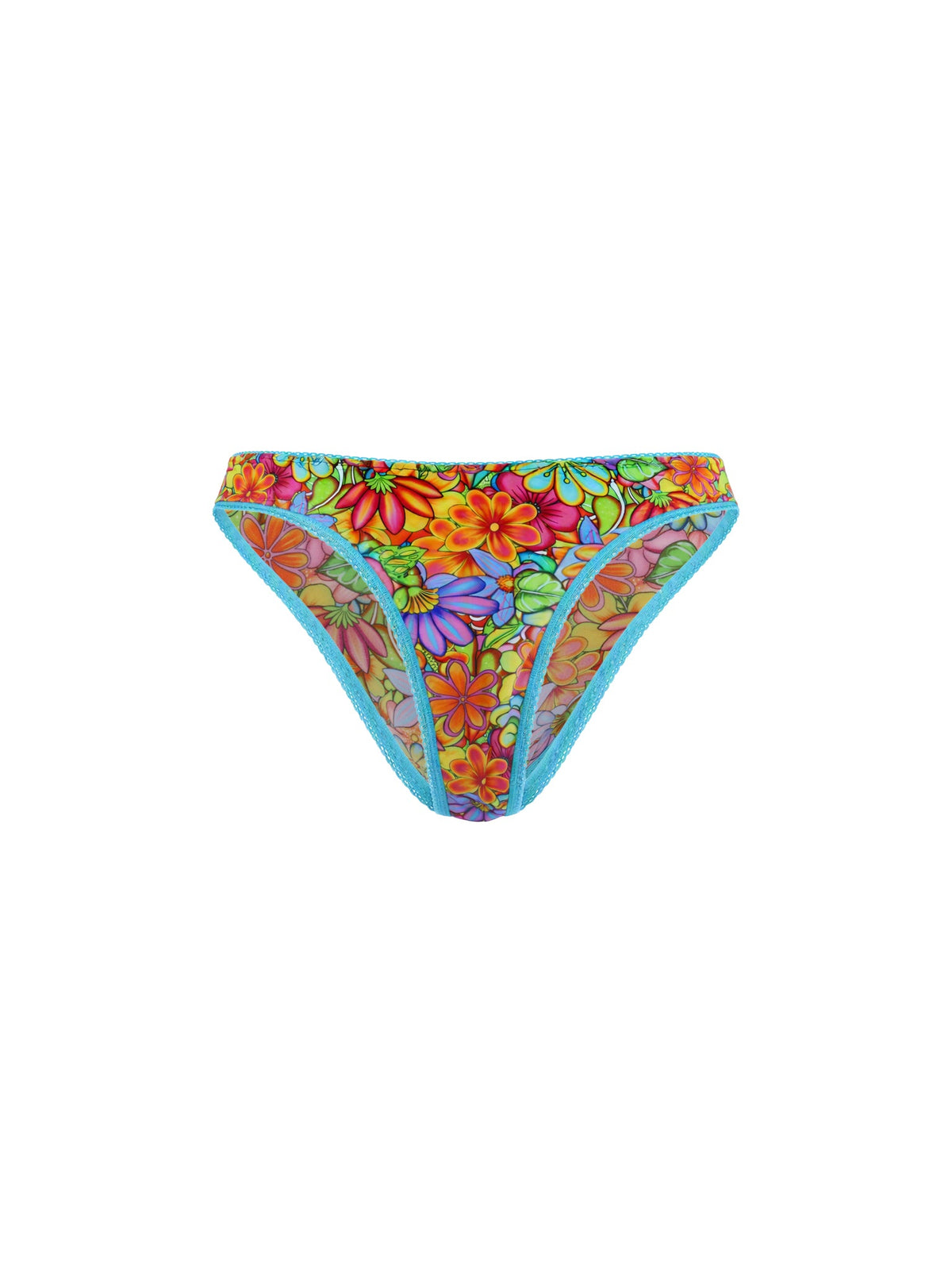 Rear view of a floral print thong panty with a blue bow, against a plain white background.