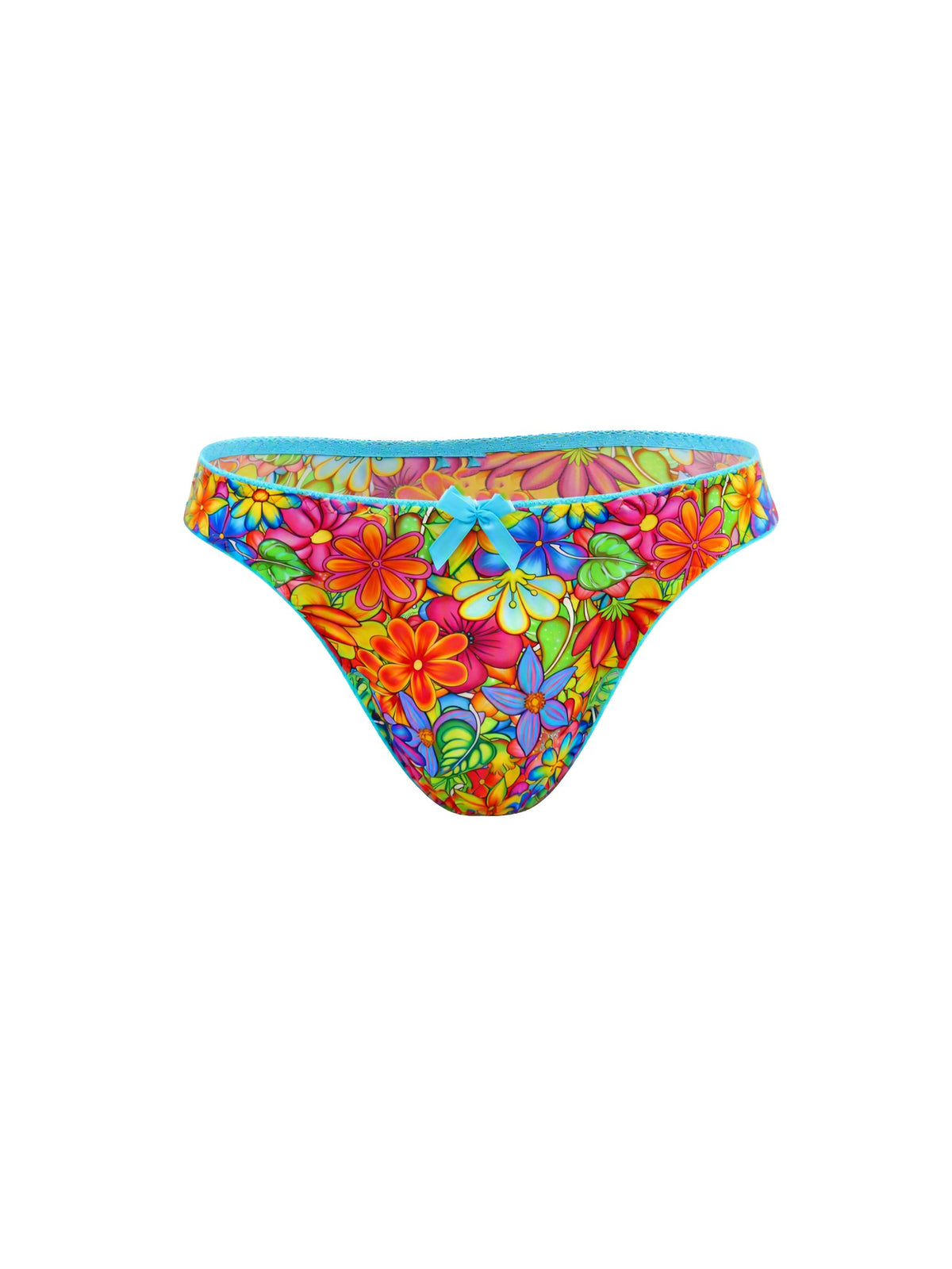 A floral print thong panty with a blue bow, against a plain white background.