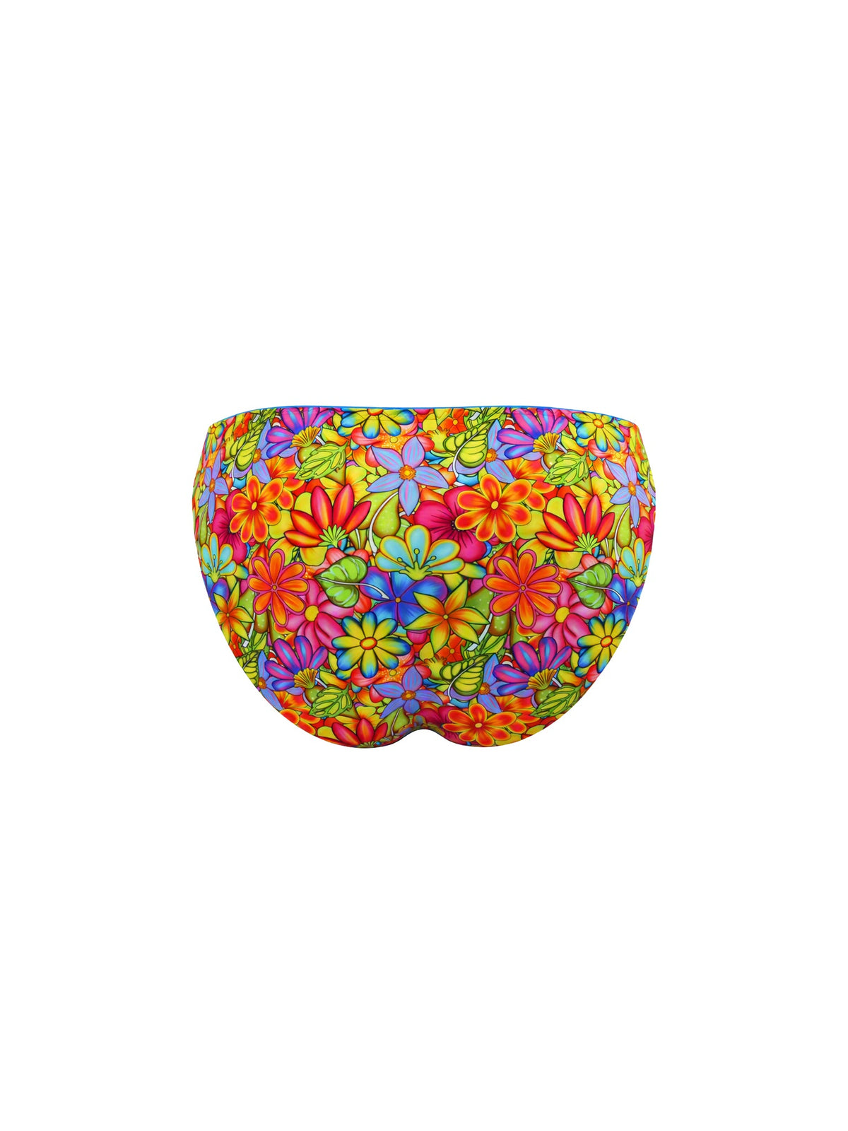Rear view of rainbow floral pattern panties with blue lace trim, against a plain white background.