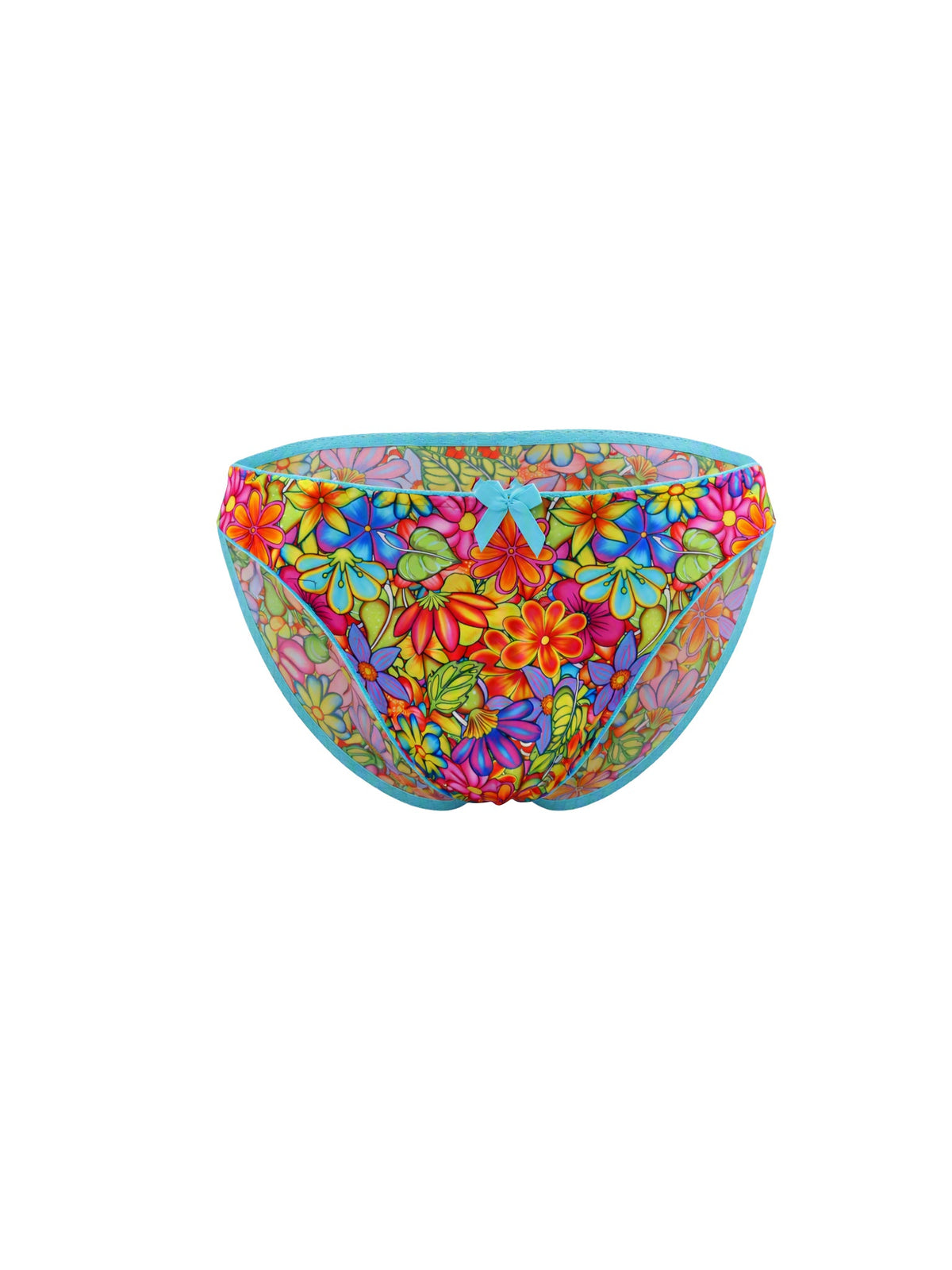 Rainbow floral pattern panties with blue lace trim, against a plain white background.