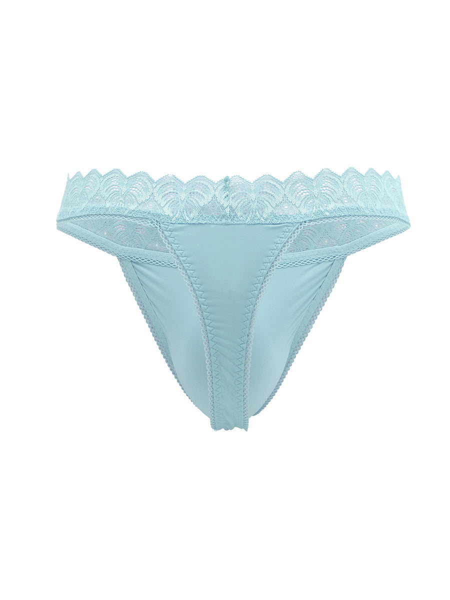 Light blue lace trimmed thong panty on a white background.