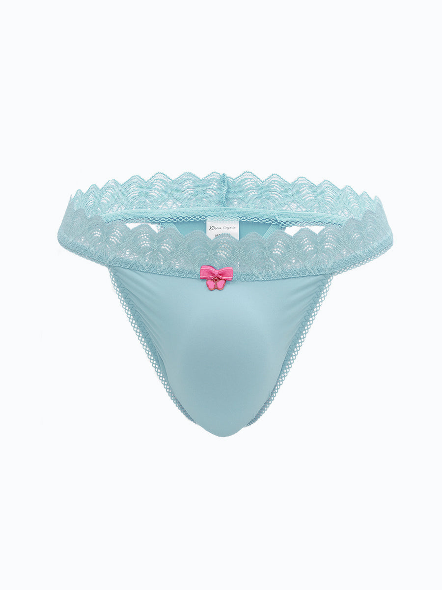 Light blue lace trimmed thong panty on a white background.
