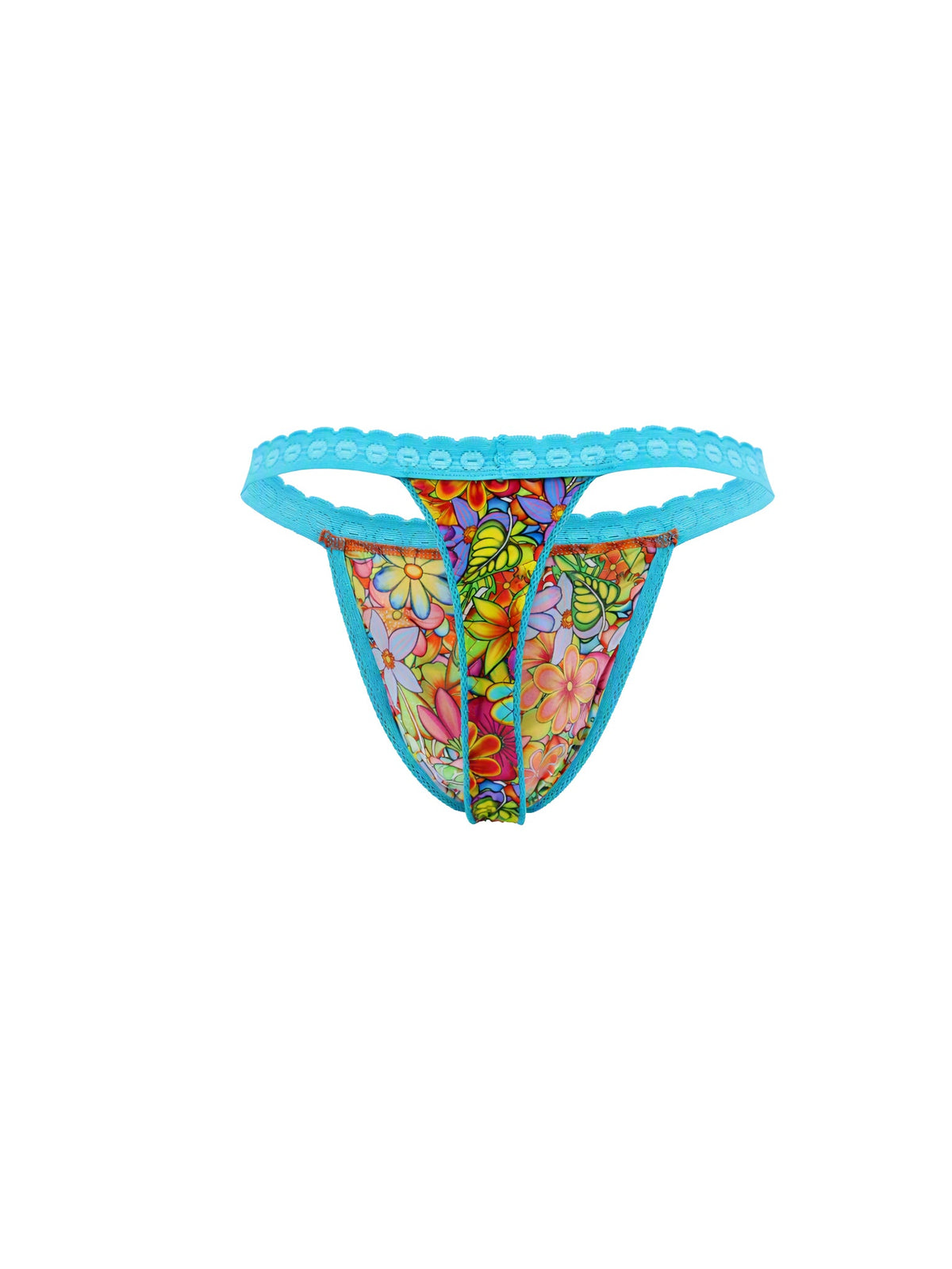 Rear view of a rainbow floral pattern thong with a blue lace waistband, against a plain white background.
