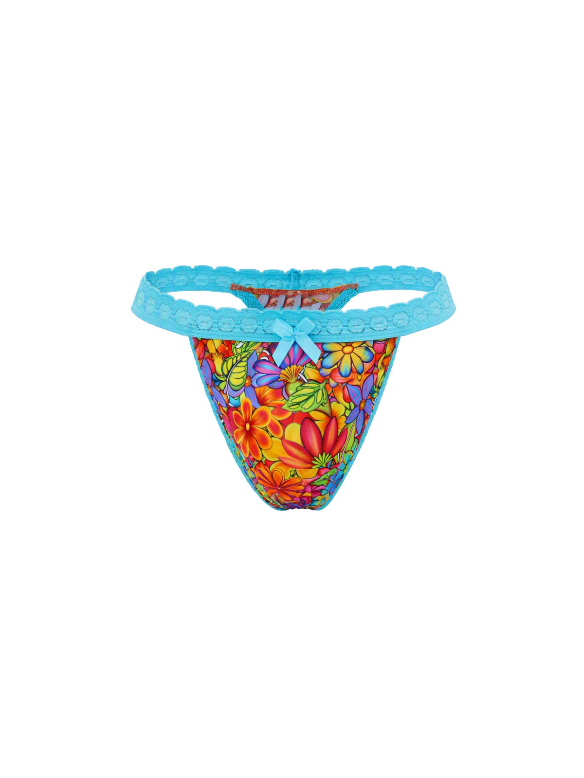A rainbow floral pattern thong with a blue lace waistband, against a plain white background.