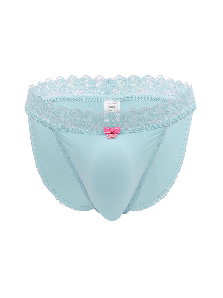 Light blue men's panties with lace trim on a white background.