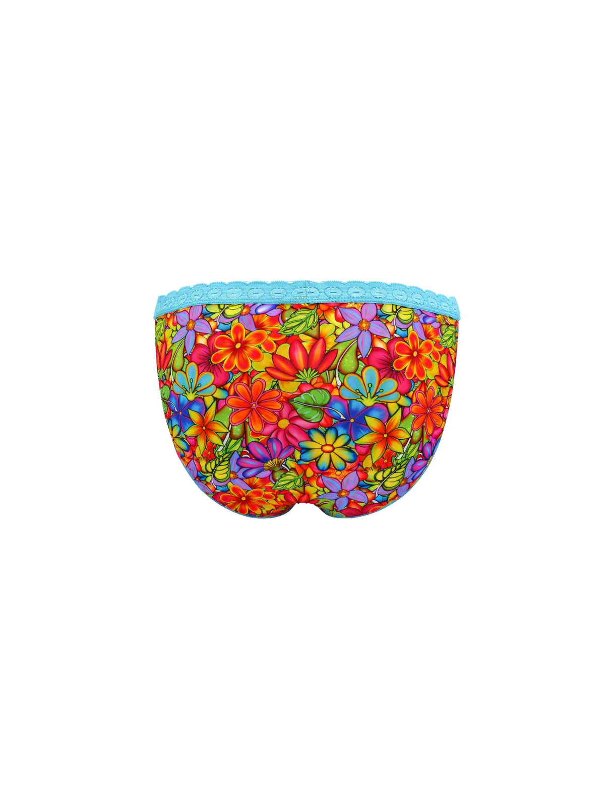 Rear view of rainbow floral pattern bikini panties with a blue lace waistband, against a plain white background.