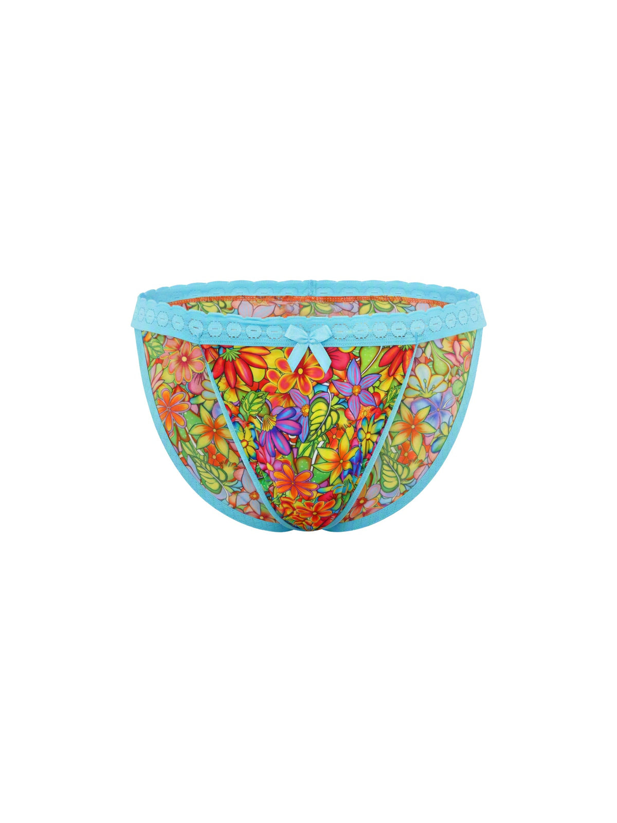 Rainbow floral pattern bikini panties with a blue lace waistband, against a plain white background.