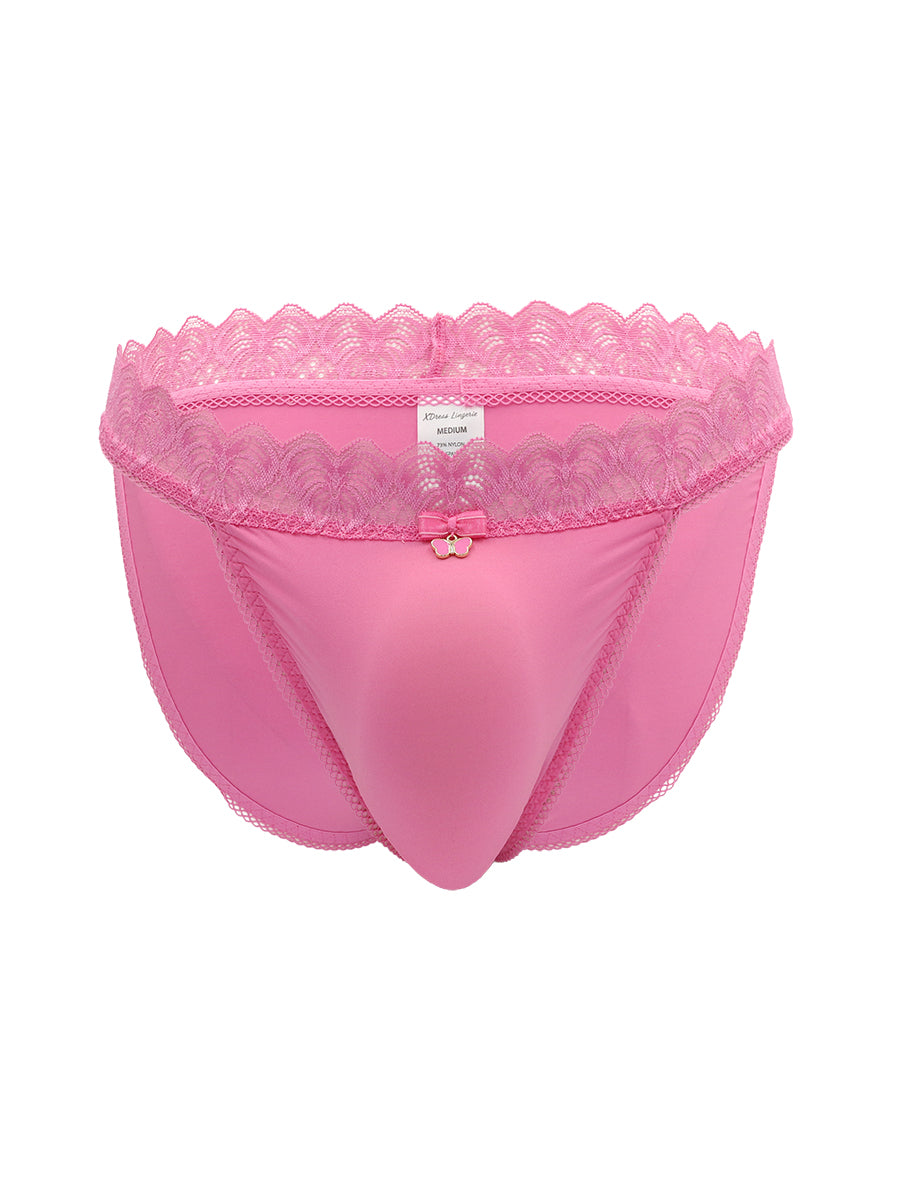 Pink men's panties with lace trim on a white background.