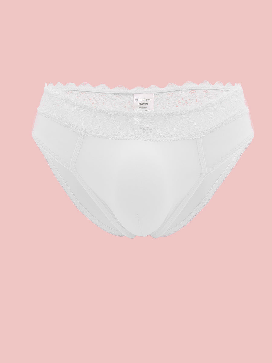 White XDress men's panties on a pink background.