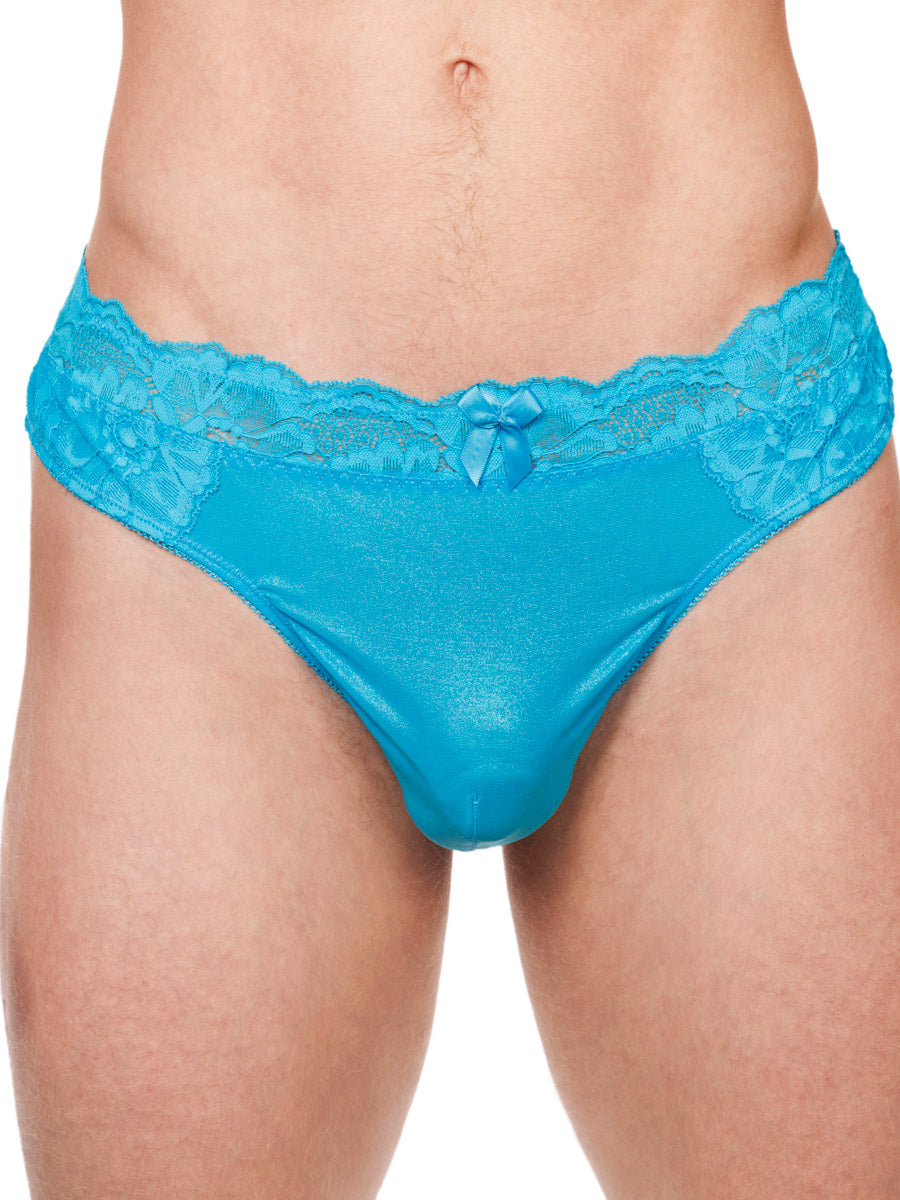 Closeup view of a male model wearing a turquoise XDress panty with lace trim