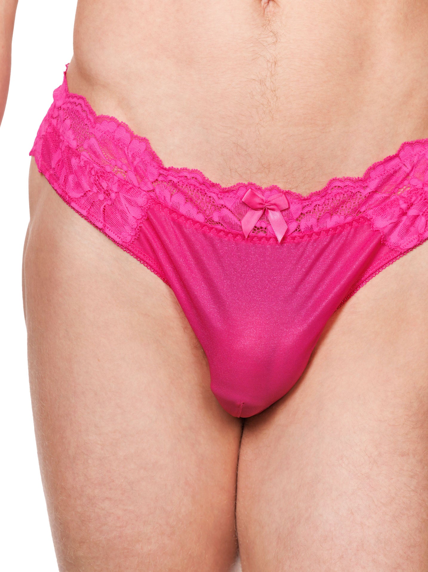 Closeup view of a male model wearing bright pink XDress panties