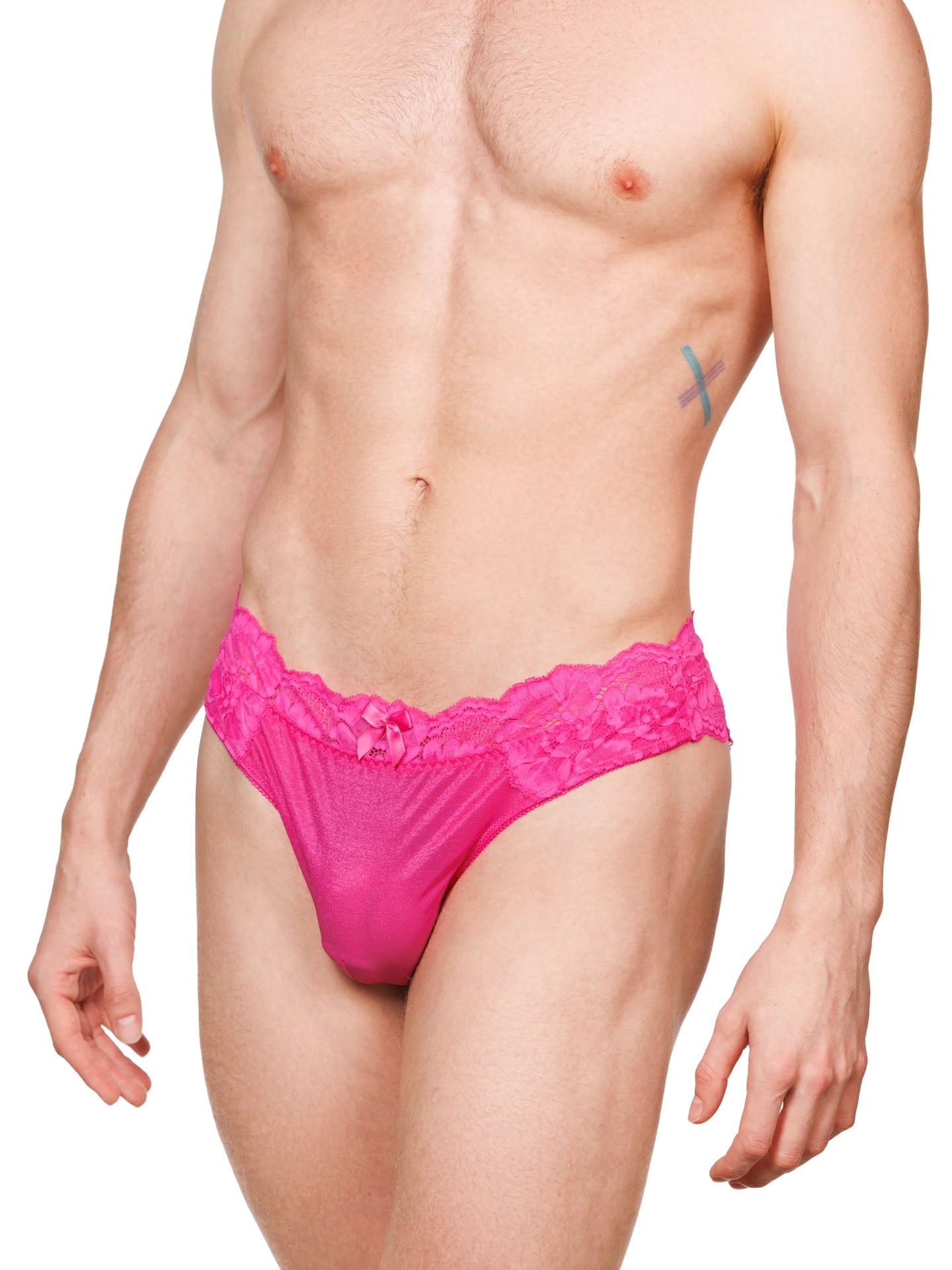 Front view of a male model wearing bright pink XDress panties