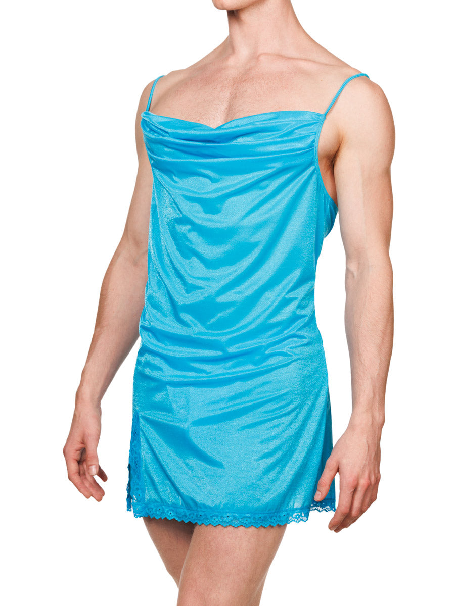 Front view of a male model wearing a turquoise XDress nightie with lace trim