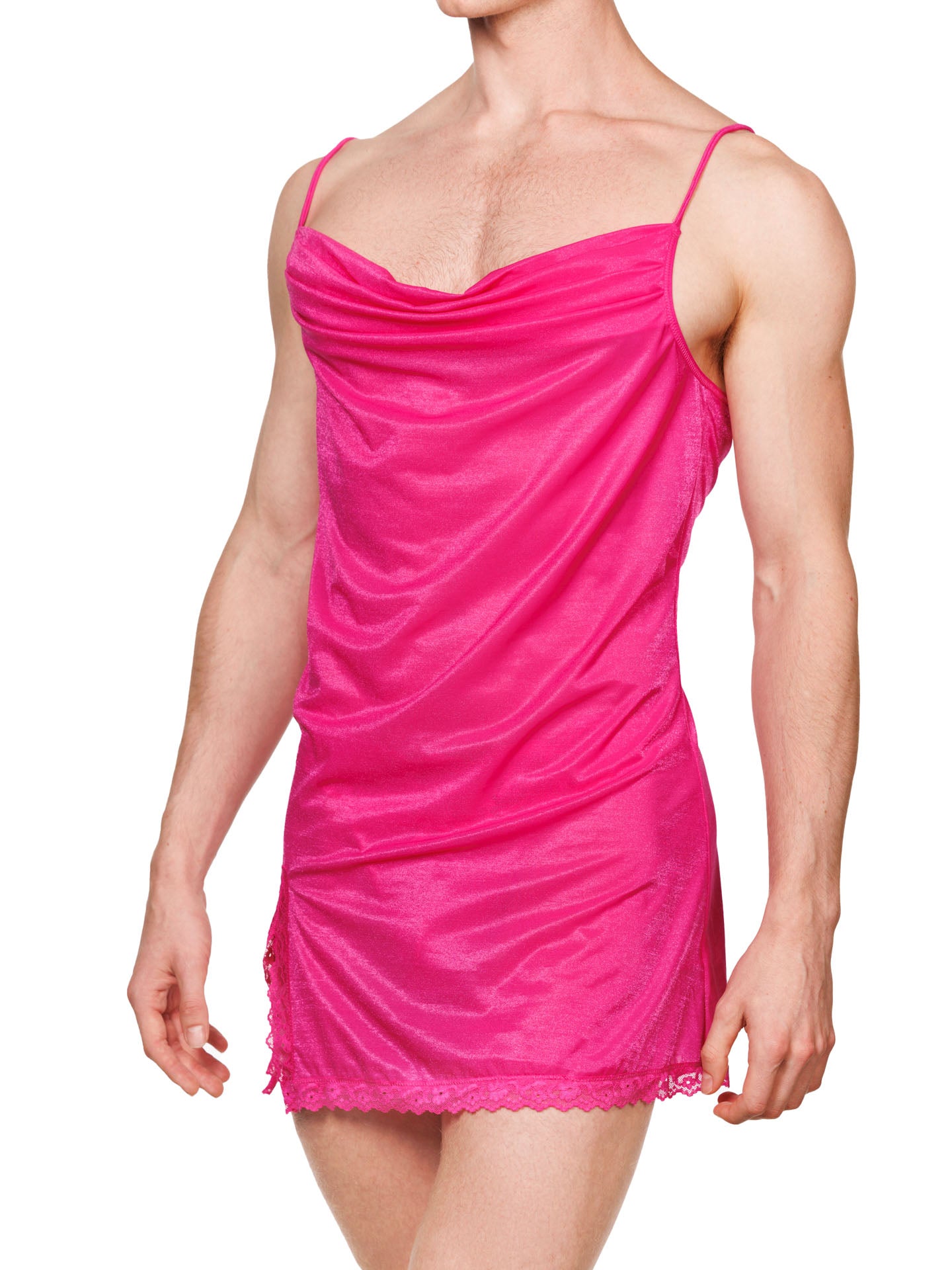 Front view of a male model wearing a pink XDress nightie