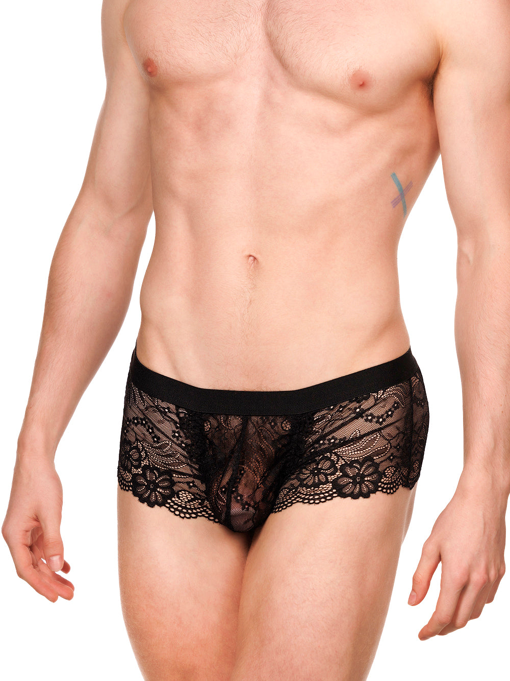 Front view of a male model wearing XDress black lace boxers