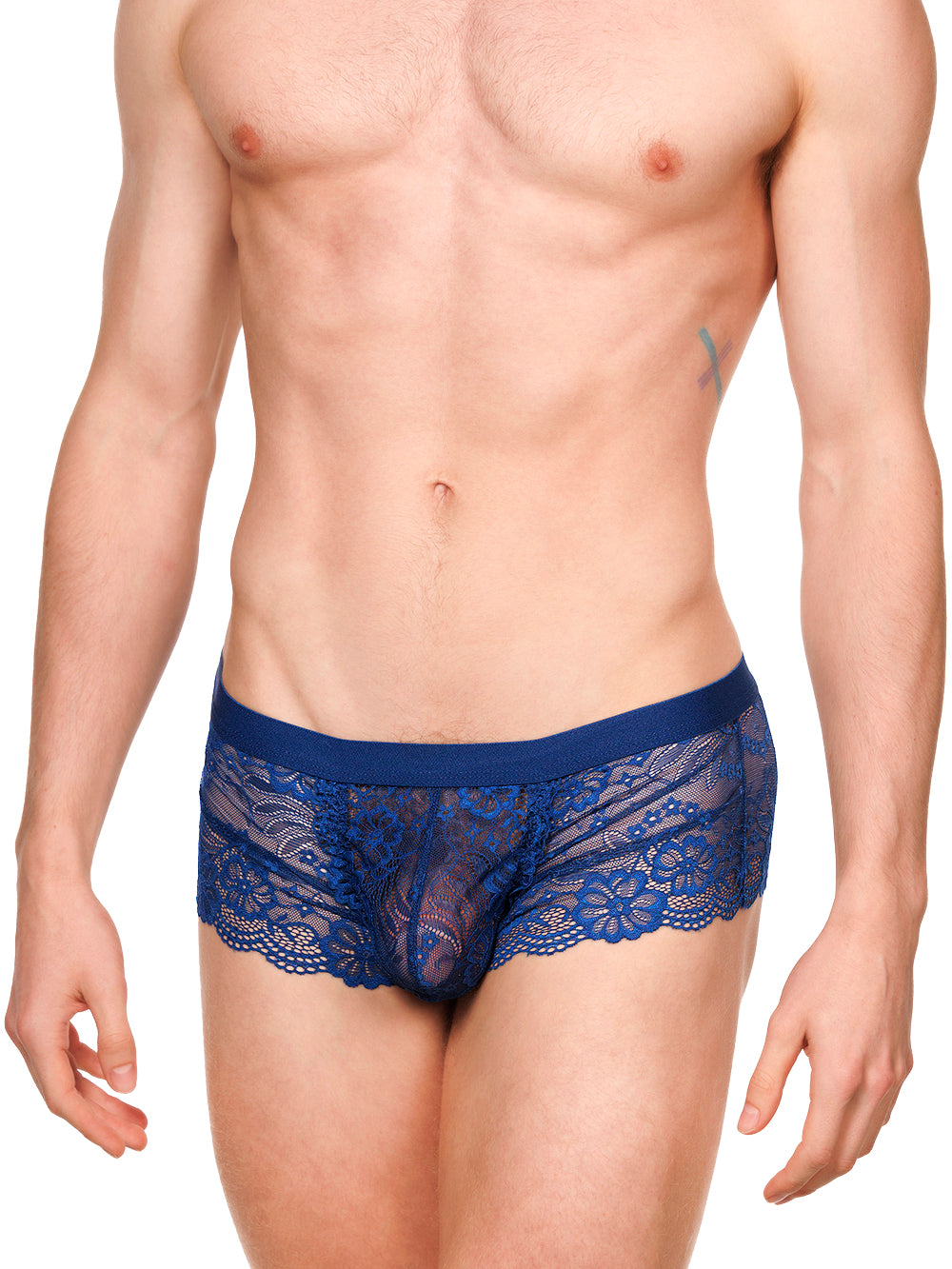 Front view of a male model wearing XDress navy blue lace boxers