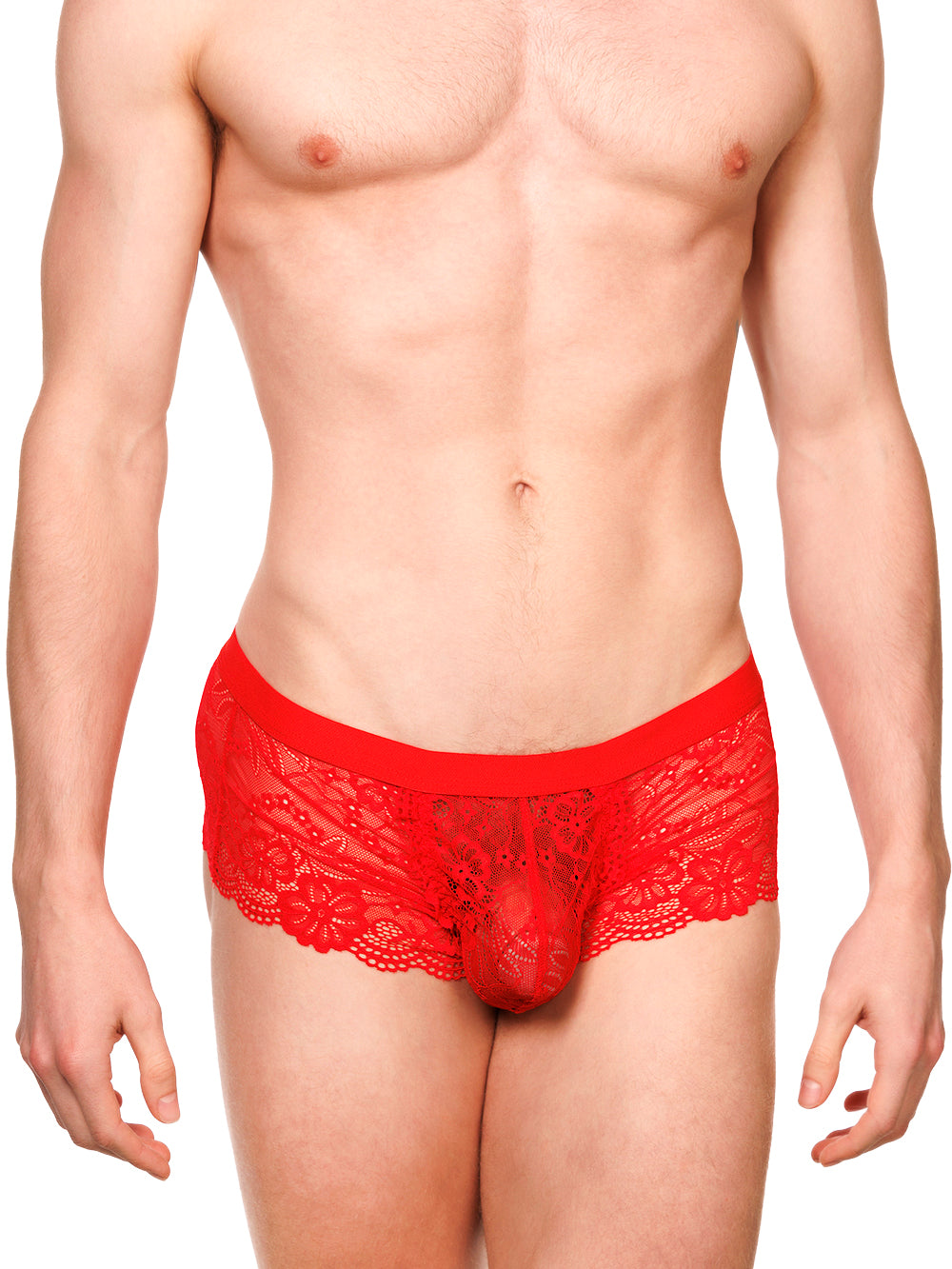 Front view of a male model wearing XDress red lace boxers