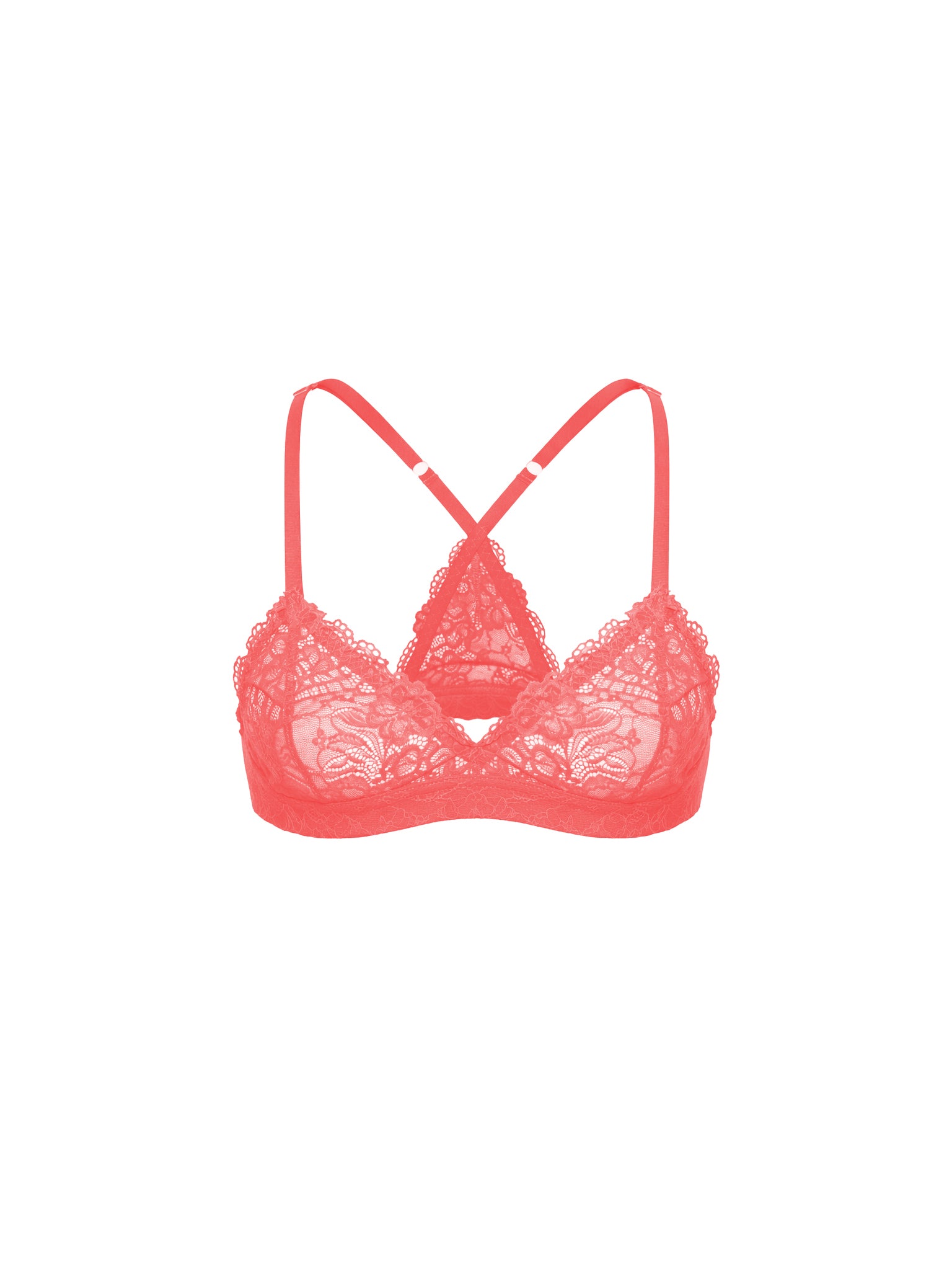 Coral lace bra on a white background