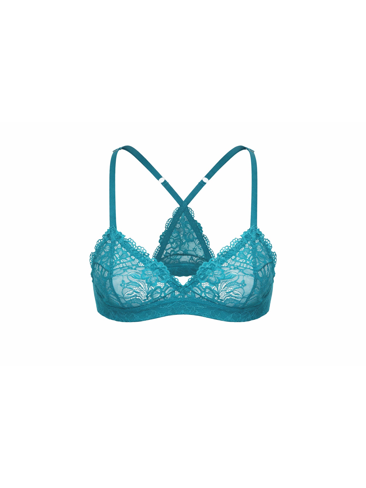 Teal lace bra on a white background