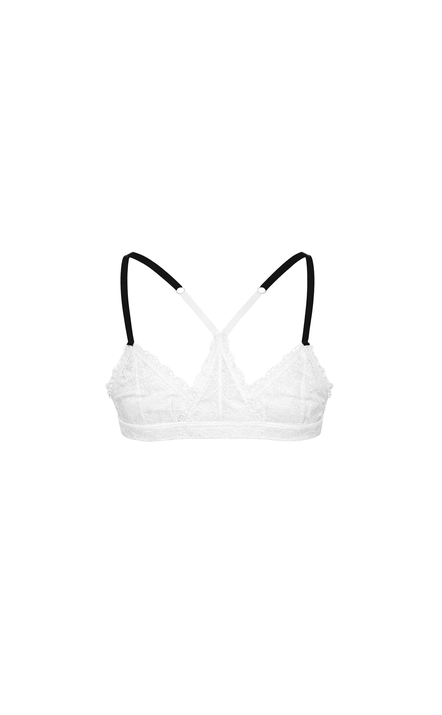 White lace bra with black adjustable shoulder straps, shown against a plain white background.