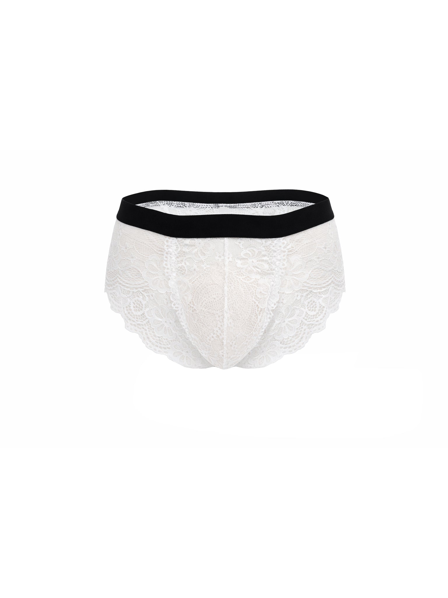 White lace underwear with black waistband on a white background