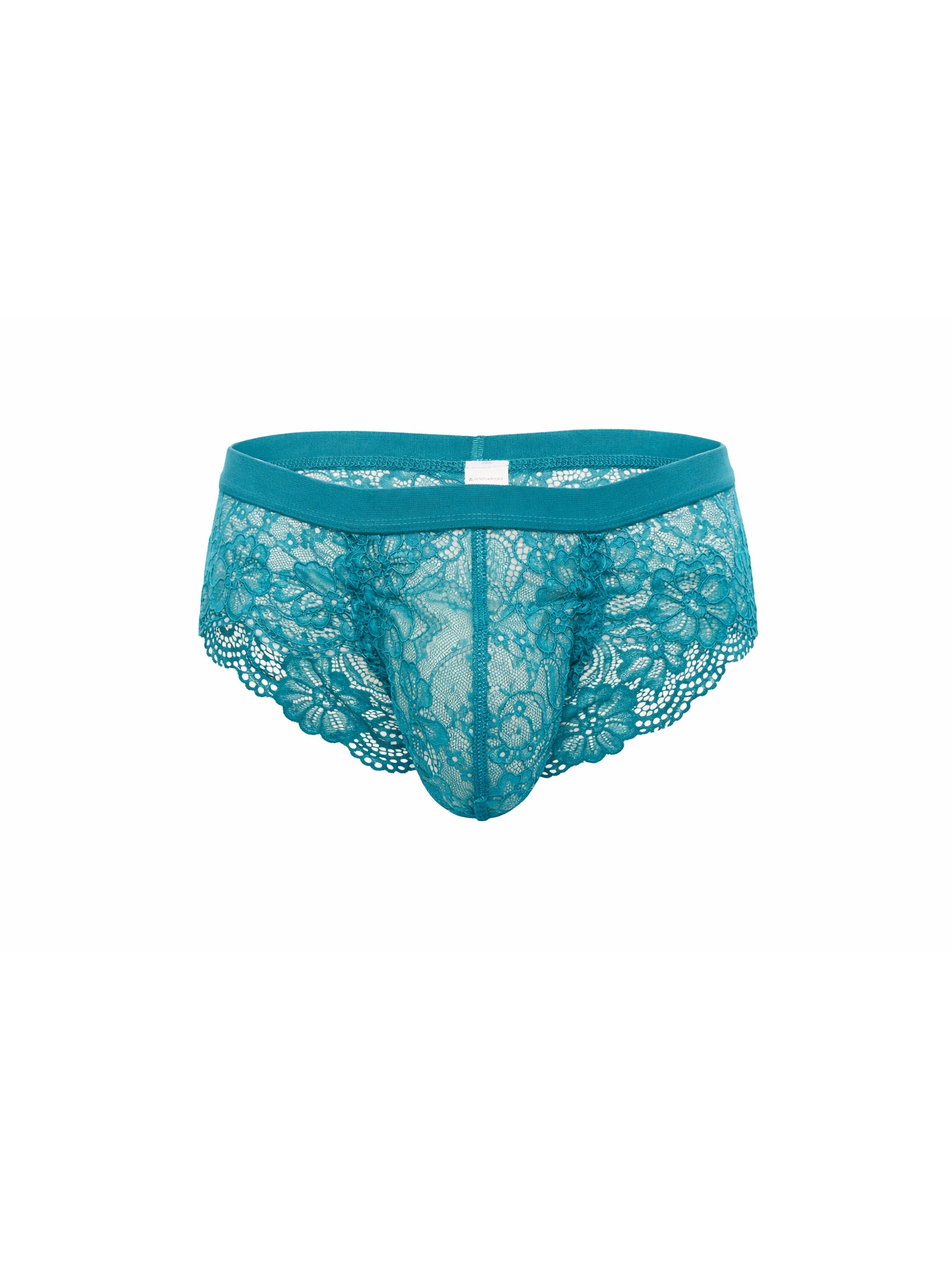 Teal lace underwear on a white background