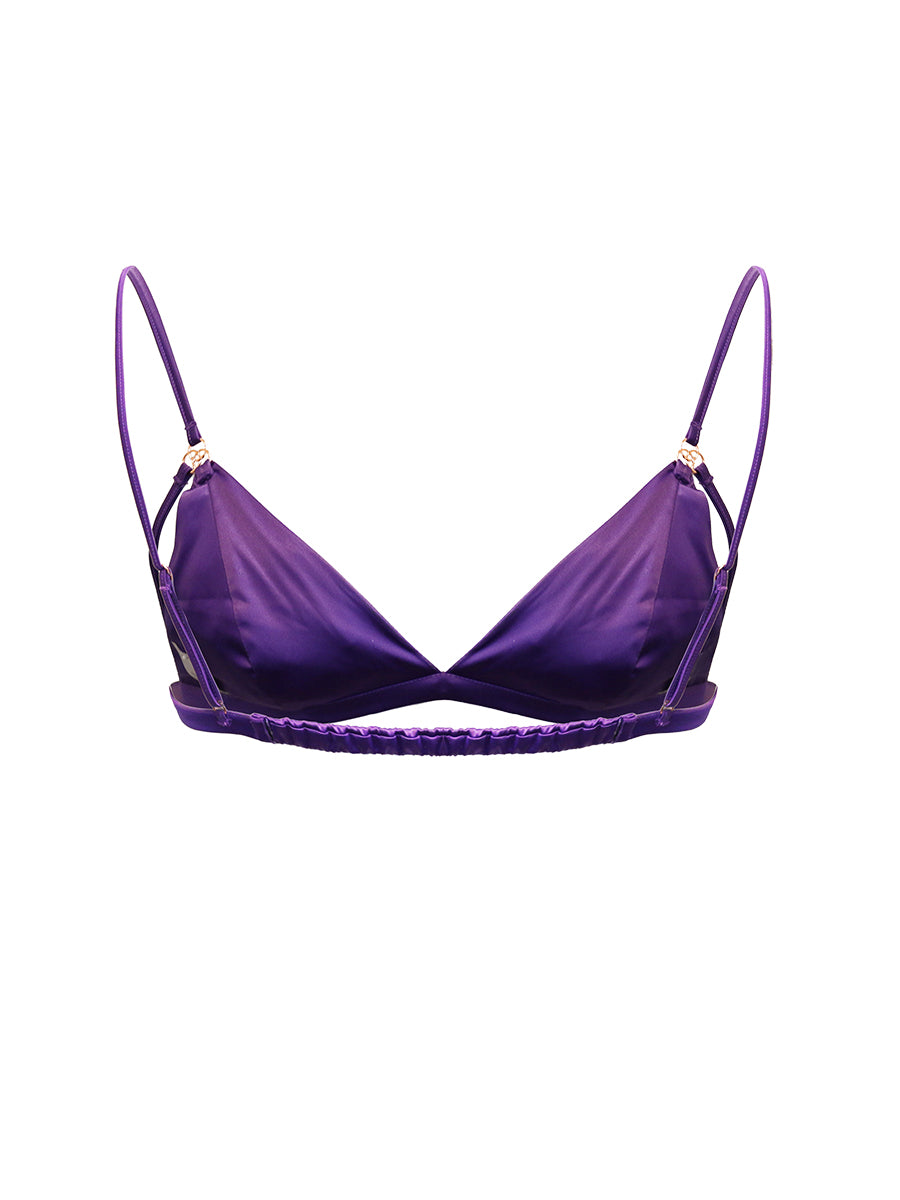Purple satin men's bra on a white background.