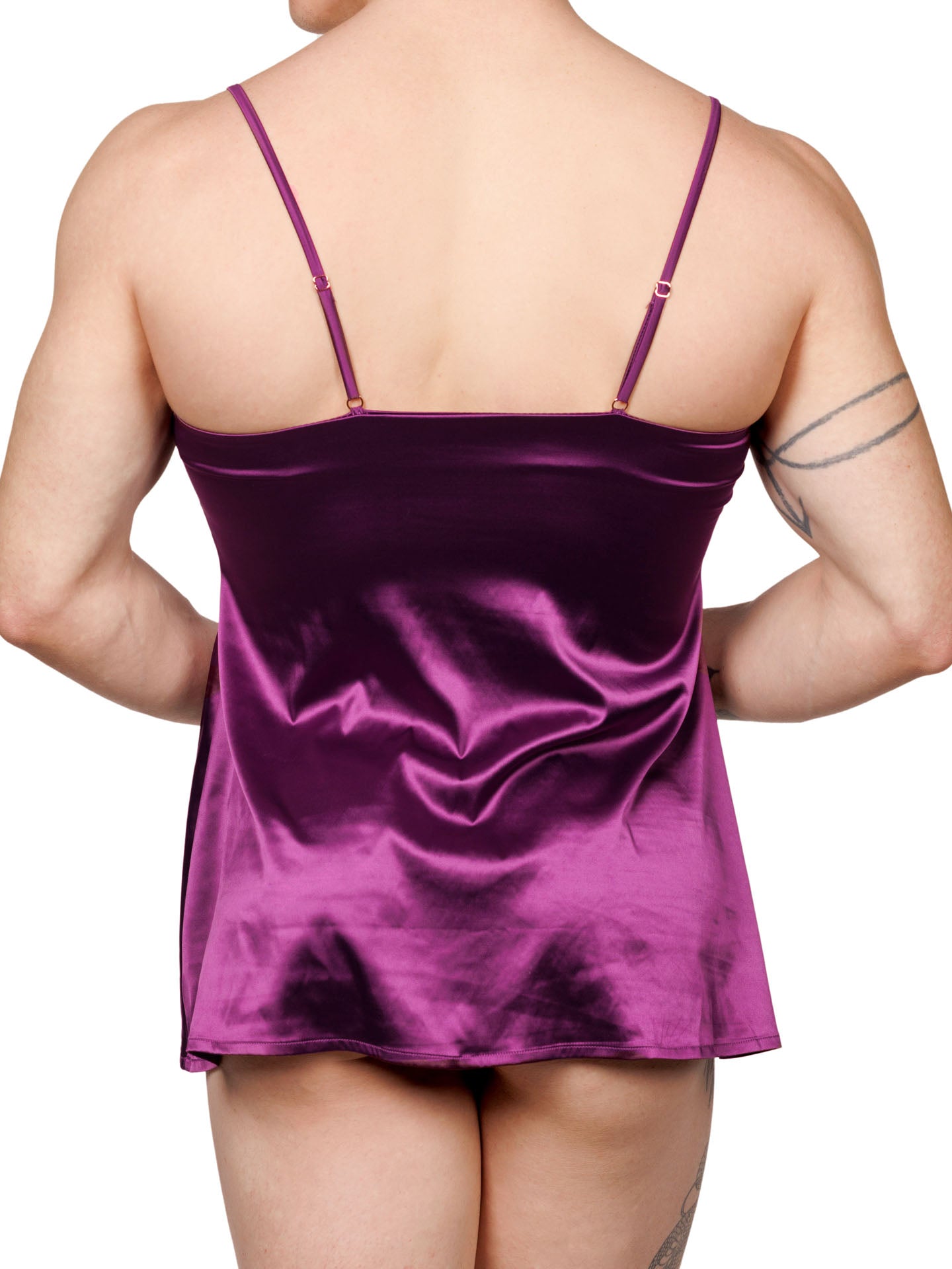 Back view of a male model wearing a purple XDress chemise