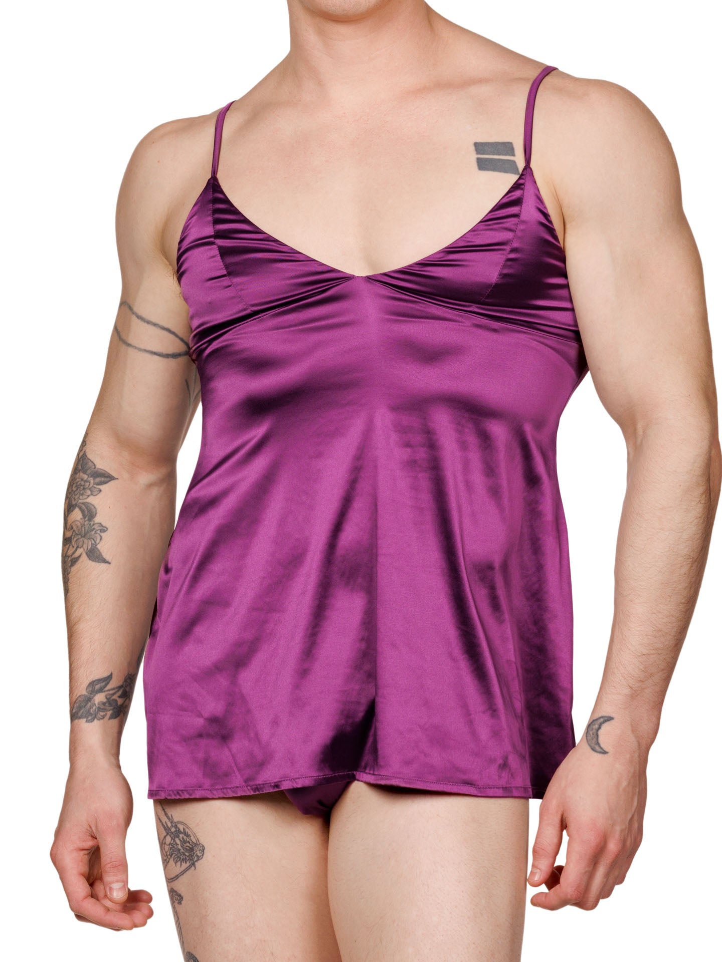 Front view of a male model wearing a purple XDress chemise