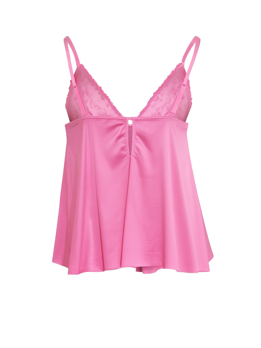 Pink satin men's nightgown with lace details on a white background.