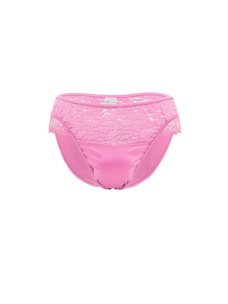 Pink lace XDress panties on a white background.