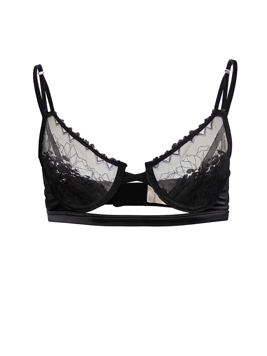 Black lace men's bra on a white background.