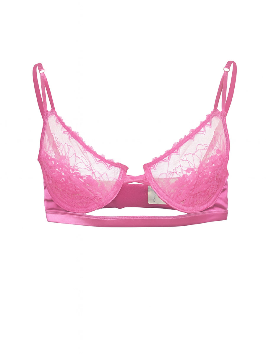 Pink lace bra for men on a white background.
