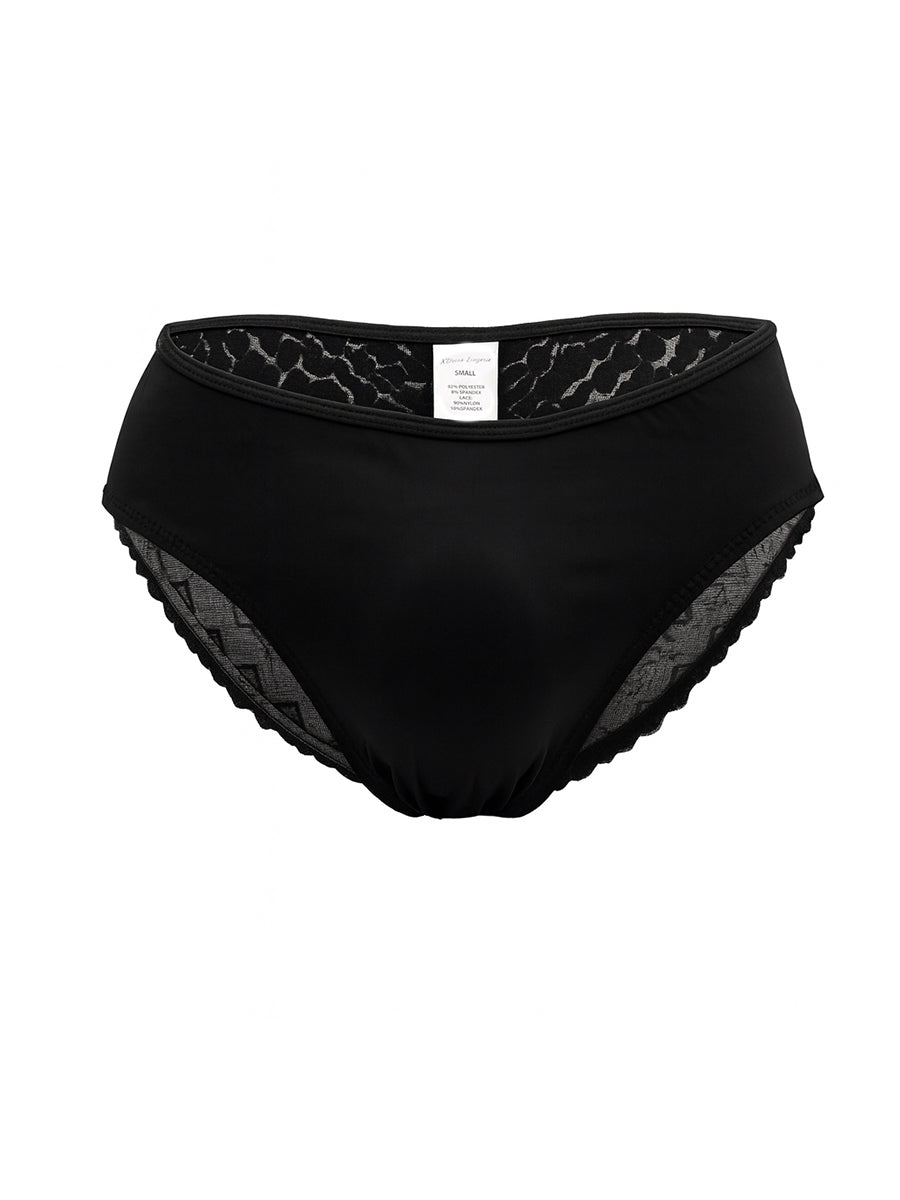 Black men's underwear with lace trim on a white background
