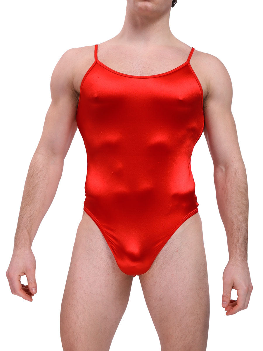 Men's Red Satin Thong Bodysuit - Satin Lingerie For Men - XDress UK