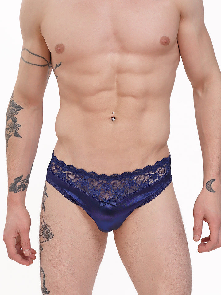 men's navy blue satin and lace bikini panty - XDress UK
