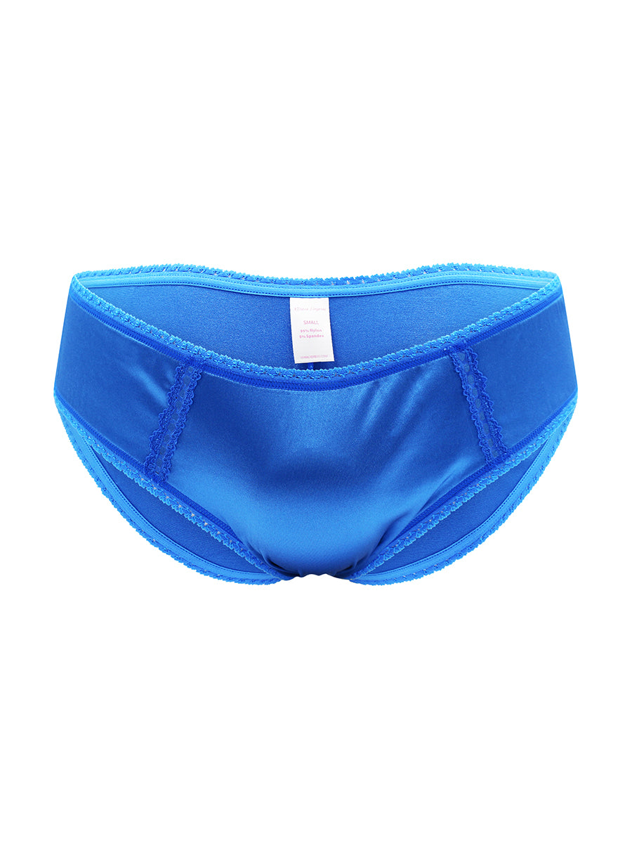 Front view of blue men's satin panties against a white background.