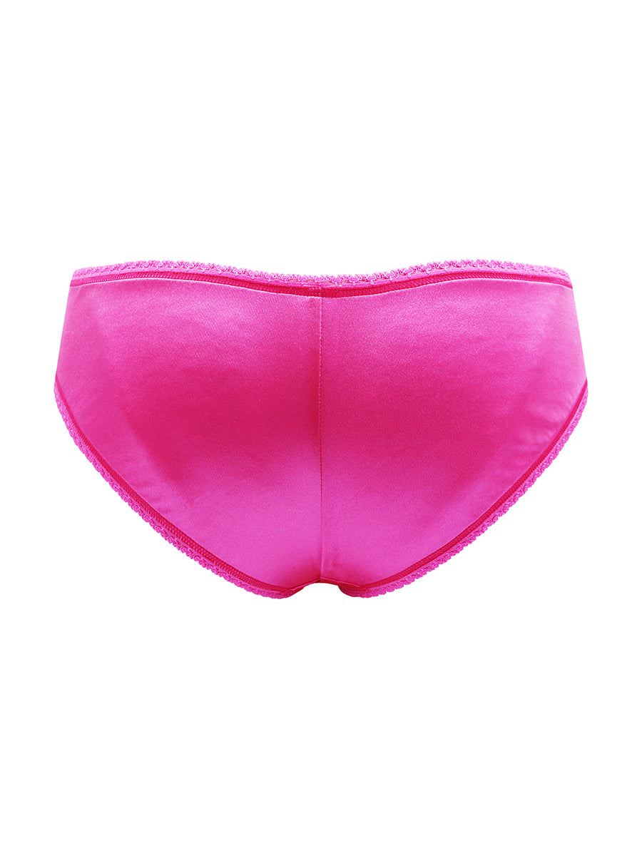 Back view of pink satin panties with lace trim against a white background.