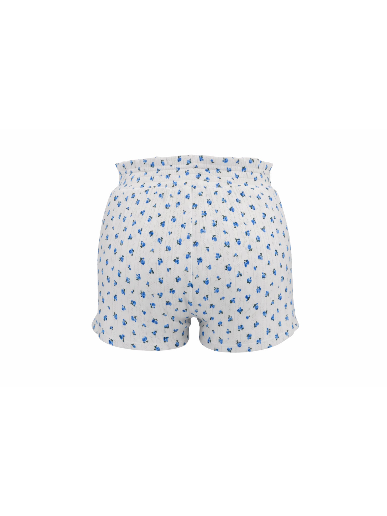 White shorts with blue floral pattern on a white background
