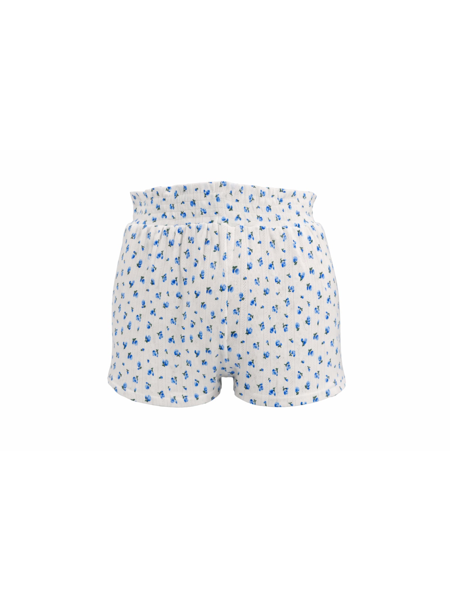 White shorts with blue floral pattern on a white background
