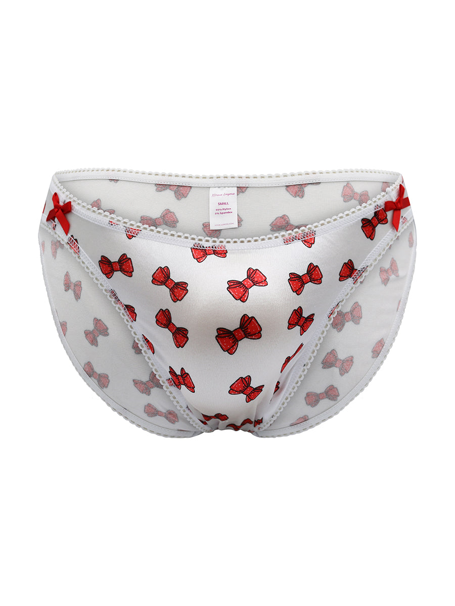 White satin panties with red bow pattern on a white background