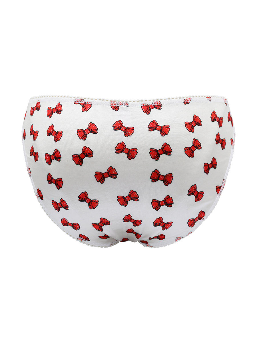 White satin panties with red bow pattern on a white background