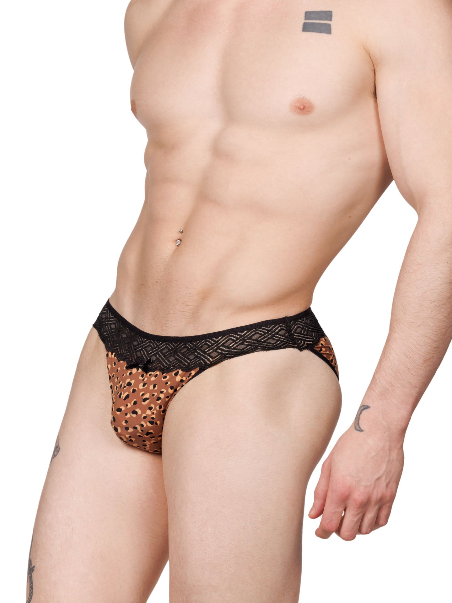 Side view of a male model wearing XDress lace panties with leopard print pattern