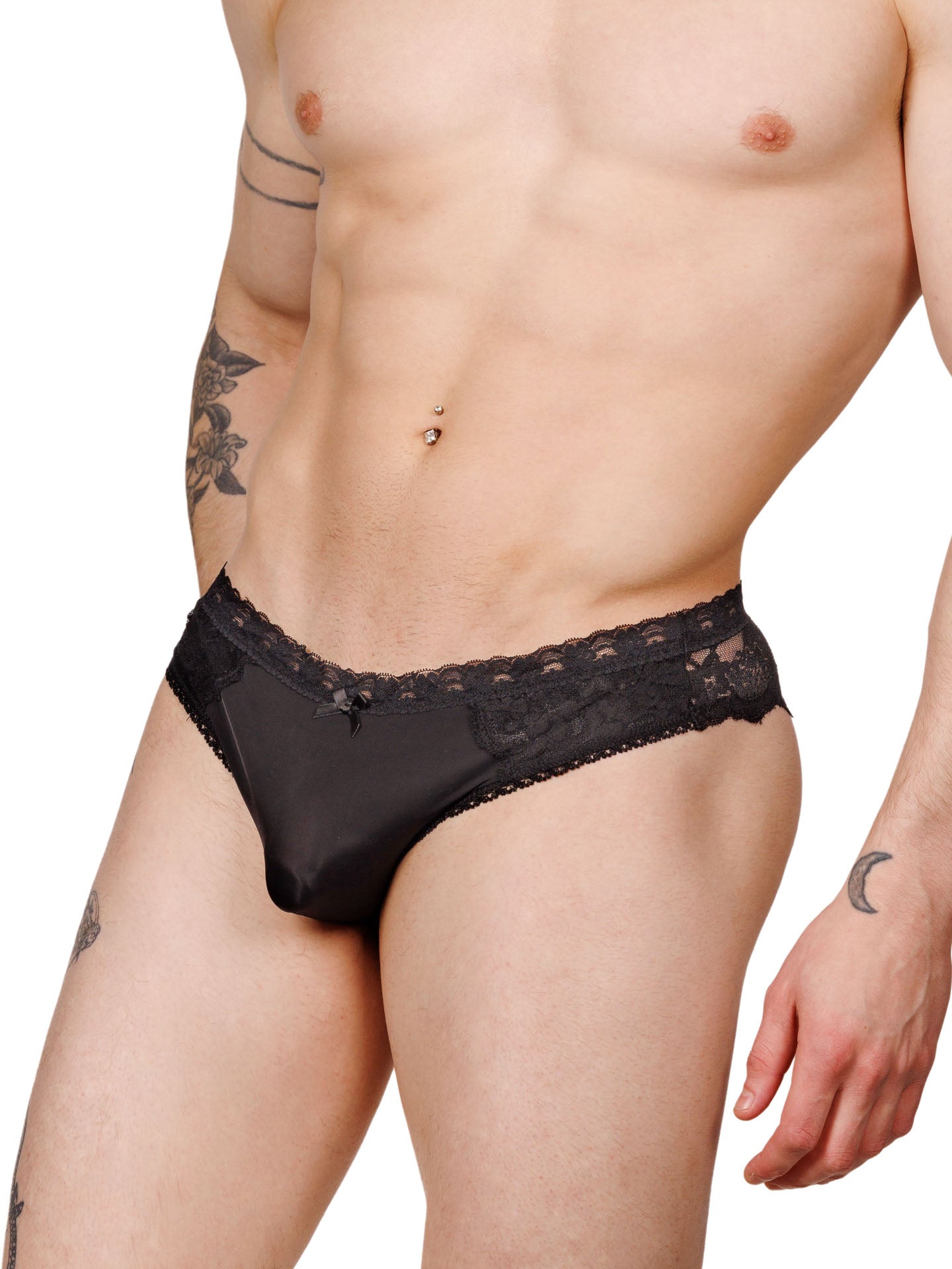 Side view of a male model wearing black XDress lace panties